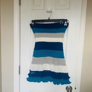 Striped Knit Crochet Dress Cover up in Blue and Gray